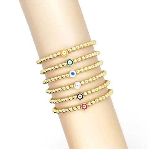 Pulsera de Cuentas de Mal de Ojo de Cobre Chapado en Oro de 18K Bohemio para Mujer Elástico Esmalte Amuleto Pulsera Joyería Regalo