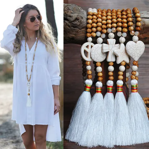 Handmade Wood Bead Tassel Pendant Necklace For Women Bohemian Long Sweater Chain Cross Heart Star Peace Sign Ethnic Jewelry