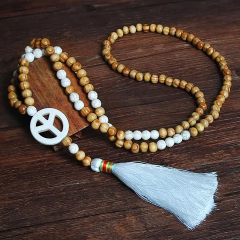 Handmade Wood Bead Tassel Pendant Necklace For Women Bohemian Long Sweater Chain Cross Heart Star Peace Sign Ethnic Jewelry