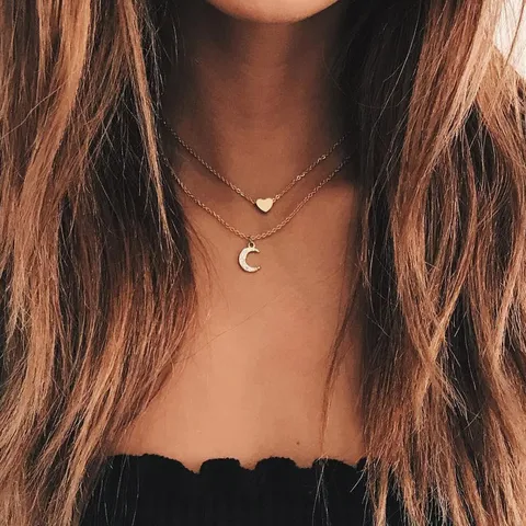 Mode Alliage Strass Collier Pendentif Multicouche Pour Femme Couleur Or Multi Couches Lune Cœur Étoile Chaîne De锁骨 Bijoux Cadeau