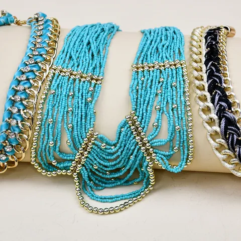 Vintage Statement Alloy Multi Layer Beads Chain Choker Necklace Rhinestone Woven Ribbon Pendant Sweater Chain For Party Unisex Jewelry