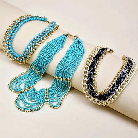 Vintage Statement Alloy Multi Layer Beads Chain Choker Necklace Rhinestone Woven Ribbon Pendant Sweater Chain For Party Unisex Jewelry