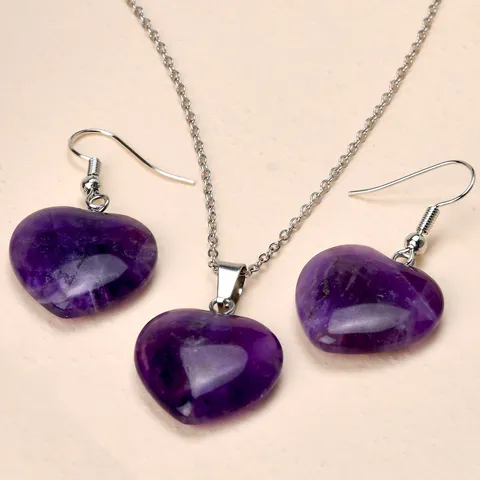 Natural Stone Amethyst Rose Quartz Heart Pendant Necklace And Earrings For Women Healing Crystal Chic Fashion Jewelry Accessories