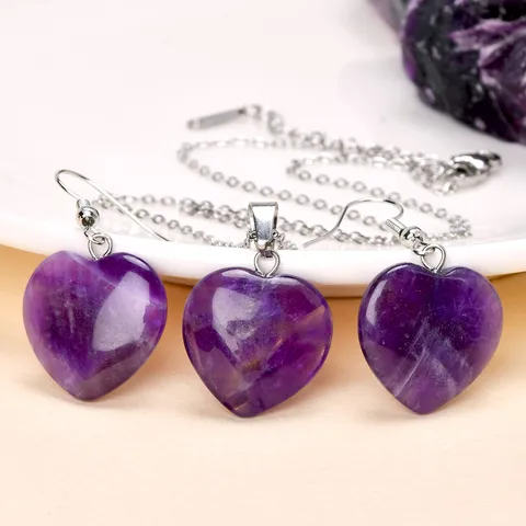 Natural Stone Amethyst Rose Quartz Heart Pendant Necklace And Earrings For Women Healing Crystal Chic Fashion Jewelry Accessories