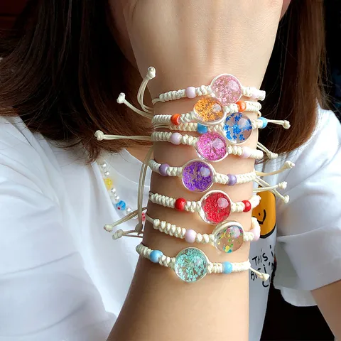Bracciale in Corda Intrecciata a Mano Stile Boho Palla di Resina con Fiori Secchi Colorati Cordino Regolabile Albero della Vita Donna
