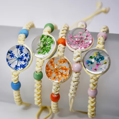 Bracciale in Corda Intrecciata a Mano Stile Boho Palla di Resina con Fiori Secchi Colorati Cordino Regolabile Albero della Vita Donna