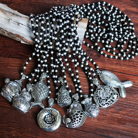 Collana Lunga Etnica Vintage Con Ciondolo a Forma di Elefante e Pesce Catena per Maglione Perlata Per Donna Gioielli in Lega Retrò Bohemian