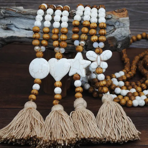 Collana Boema Vintage con Perline di Legno e Nappina per Donna Ciondolo Stella Cuore Farfalla Catena Maglione Etnico Gioielli