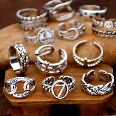 Vintage Thai Silver Style Alloy Open Ring For Women Men Hip Hop Geometric Smile Face Number Adjustable Index Finger Ring Jewelry