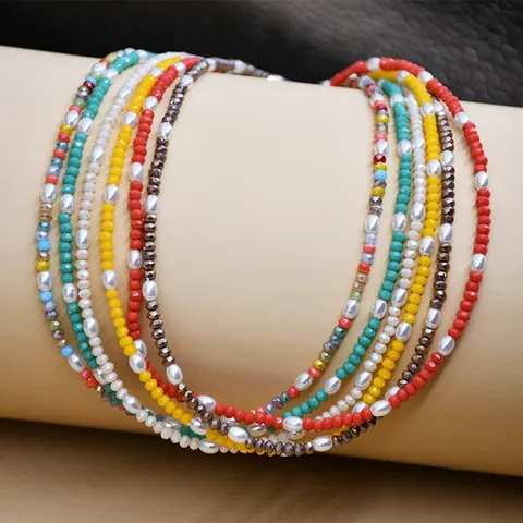 Bohemian Colorful Crystal Artificial Pearl Choker Necklace For Women Multi Layer Beaded Chain Necklace Jewelry Gift Simple Neck Chain