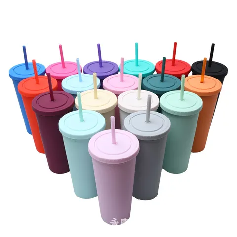 Bicchiere di Plastica a Doppio Strato con Cannuccia Bicchiere d'Acqua Portatile Smerigliato con Coperchio e Cannuccia per Esterno Quotidiano