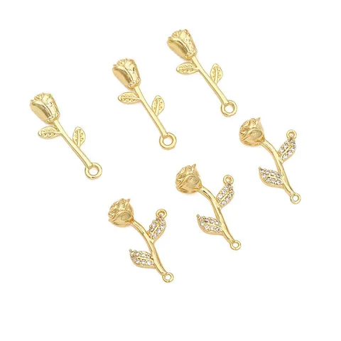 14K Gold Plated Copper Rose Flower Pendant Rhinestone Inlaid Charms For DIY Necklace Bracelet Jewelry Making Accessories For Women