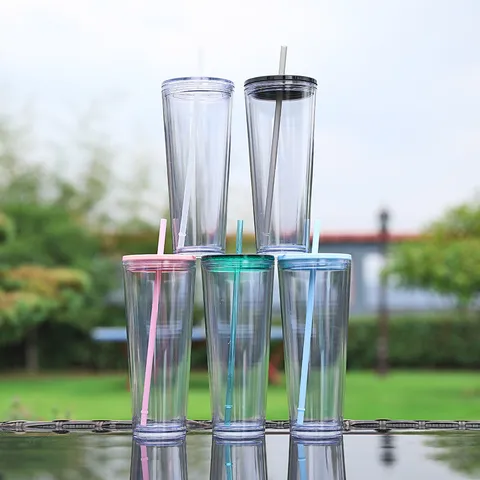 Large Capacity Plastic Tumbler With Straw And Lid Double Wall Clear Water Bottle For Office Travel Daily Drinking