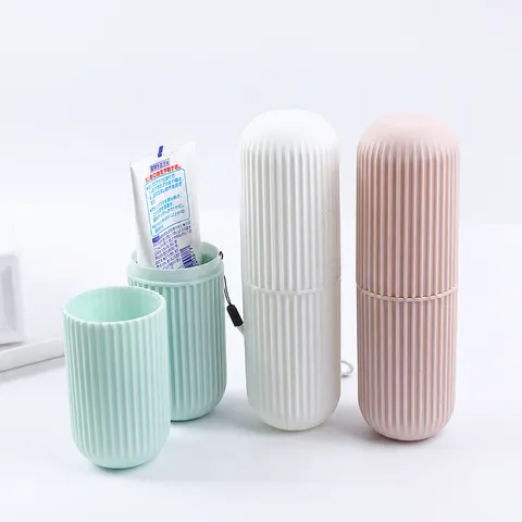 Portable Travel Plastic Toothbrush Cup Striped Mouthwash Cup Bathroom Storage Organizer Toothpaste Holder