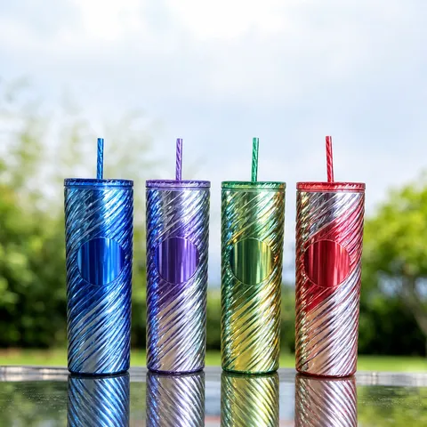 Gradient Colorful Double Layer Straw Spiral Plastic Cup AS Material Reusable Tumbler with Lid and Straw for Daily Use