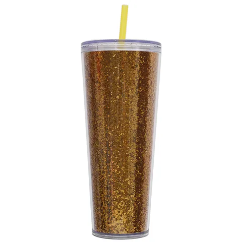 Bicchiere in Plastica di Grande Capacità Tazza d'Acqua da Viaggio Isolata a Doppia Parete Con Cannuccia e Design con Glitter
