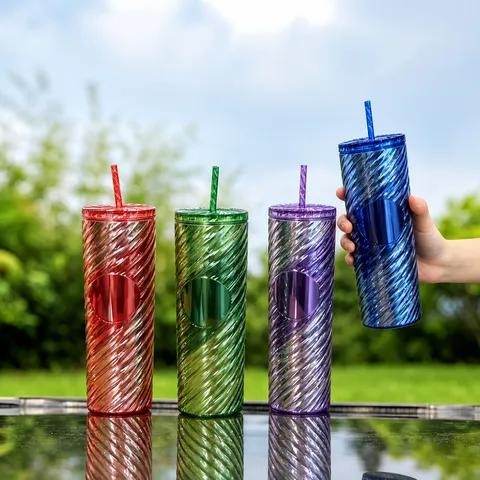 Gradient Colorful Double Layer Straw Spiral Plastic Cup AS Material Reusable Tumbler with Lid and Straw for Daily Use
