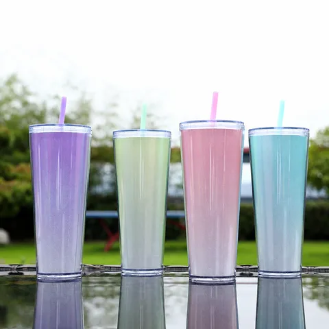 Große Kapazität Doppelschicht Kunststoff Strohhalmbecher Transparenter Farbverlauf Sommer Kaltgetränk Wasserbecher Becher