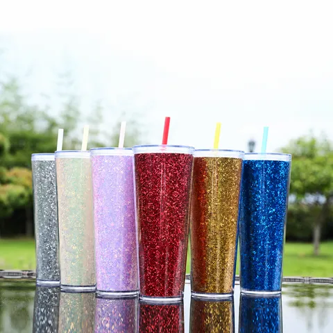 Große Kapazität Plastik Becher Doppelwandig Isolierte Reise Wasserbecher Mit Strohhalm Und Glitzer Papier Design