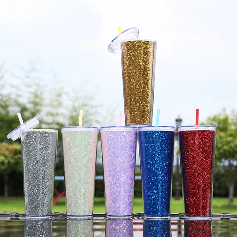 Große Kapazität Plastik Becher Doppelwandig Isolierte Reise Wasserbecher Mit Strohhalm Und Glitzer Papier Design