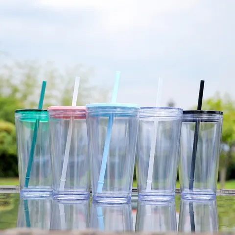 Portable Double Layer Plastic Straw Cup Clear Tumbler With Lid And Straw For Daily Water Drinking Travel