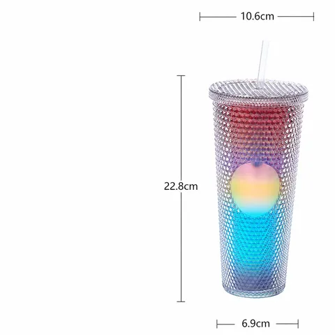 Bicchiere di Plastica a Doppio Strato con Cannuccia Testura Diamante Tumbler Durian Macaron Gradiente Bottiglia d'Acqua con Coperchio e Cannuccia