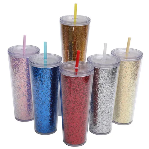Bicchiere in Plastica di Grande Capacità Tazza d'Acqua da Viaggio Isolata a Doppia Parete Con Cannuccia e Design con Glitter