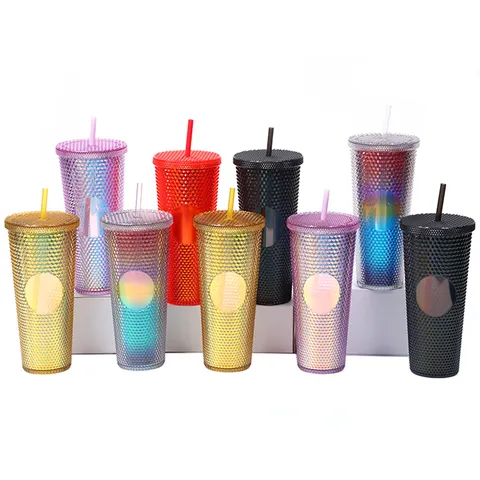 Double Layer Plastic Straw Cup Diamond Textured Durian Tumbler Macaron Gradient Water Bottle With Lid And Straw