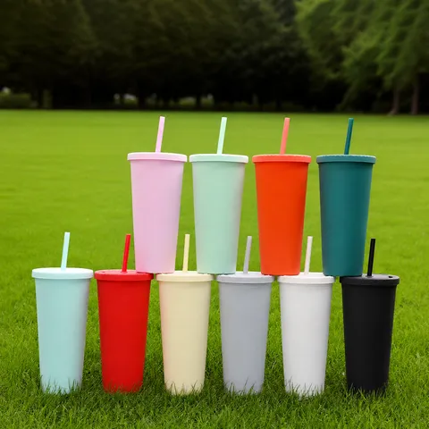 Dubbellaags Plastic Rietje Beker Mat Draagbaar Water Beker Met Deksel En Rietje Voor Buiten Dagelijks Gebruik