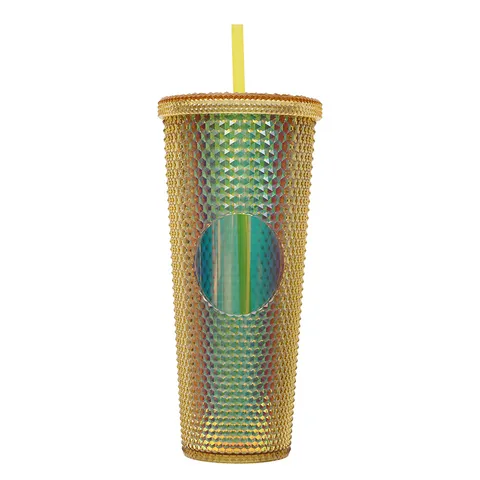 Double Layer Plastic Straw Cup Diamond Textured Durian Tumbler Macaron Gradient Water Bottle With Lid And Straw