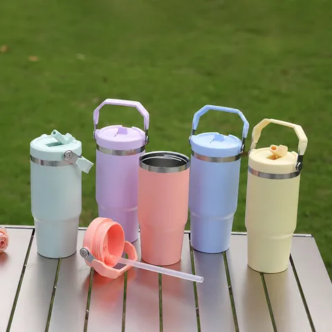 Edelstahl Vakuum Isolierter Becher Mit Griff Und Strohhalm Deckel Portable Reise Wasserflasche Auto Tasse