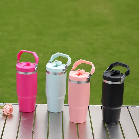 Edelstahl Vakuum Isolierter Becher Mit Griff Und Strohhalm Deckel Portable Reise Wasserflasche Auto Tasse