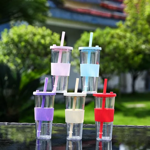 Grande Capacité Double Couche Plastique Paille Tasse Transparent Boba Thé Tumbler Avec Housse en Silicone Et Couvercle Tasse d'Eau Portable
