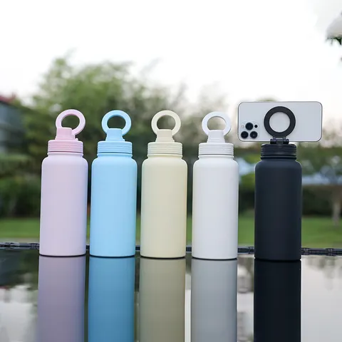 Stainless Steel Vacuum Insulated Water Bottle With Magnetic Phone Holder Outdoor Sports Tumbler Metal Travel Flask