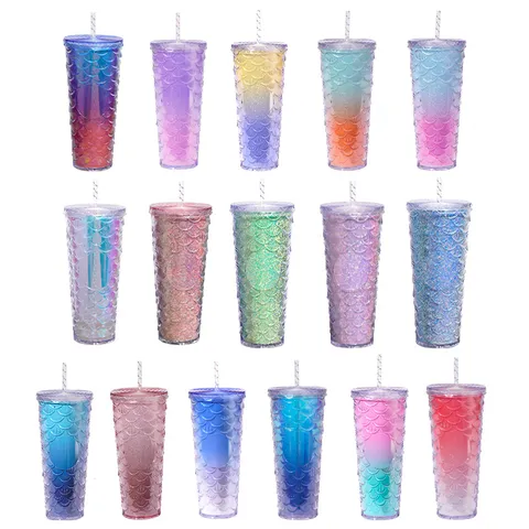Große Kapazität Gradient Fischschuppe Kunststoff Becher Mit Strohhalm Glitzer Reise Wasser Becher Für Sommer Kalte Getränke