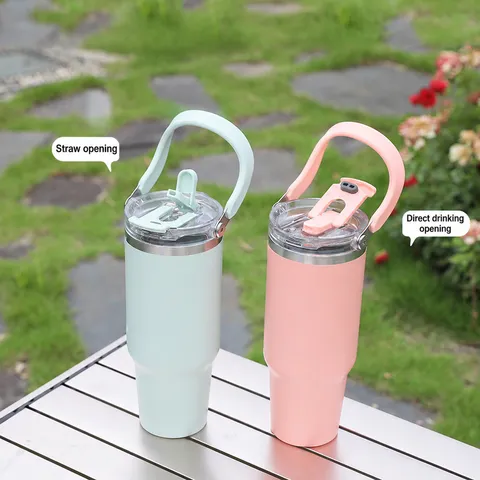 Große Kapazität Edelstahl Isolierter Becher Mit Griff Und Strohhalmdeckel Vakuum Reise Auto Wasserflasche Für Outdoor Sport