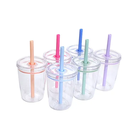 12oz Tritan Straw Cup Portable Clear Plastic Coffee Cup Cute Macaron Candy Color Drinking Water Bottle For Home Office