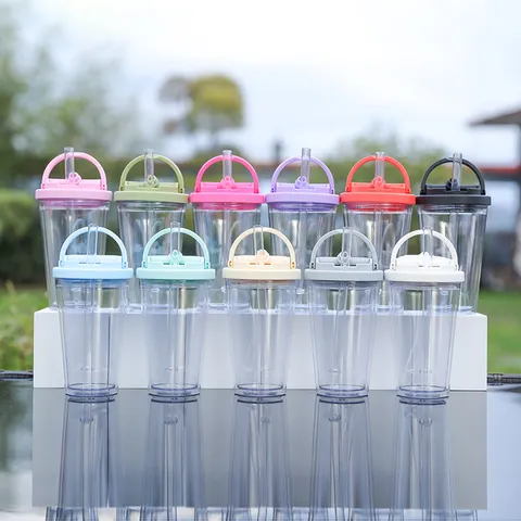 Portable Plastic Sports Water Cup With Straw And Handle Large Capacity Transparent Student Drinkware