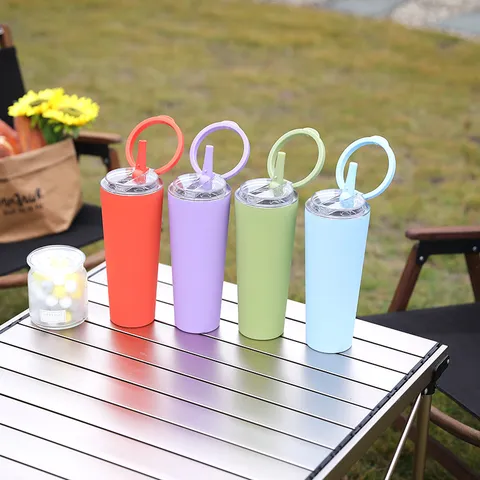 Bouteille d'Eau Isolé sous Vide en Acier Inoxydable Avec Paille et Poignée Tasse Thermos Portable pour Sports en Plein Air