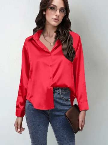 Women Long Sleeve Satin Blouse Solid Color Button Down Shirt Casual Loose Elegant Work Office Top Fashion