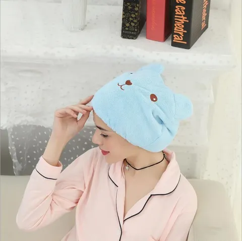 Cute Bear Cartoon Hair Drying Cap Absorbent Quick Drying Soft Coral Fleece Shower Towel Wrap For Women Bathroom