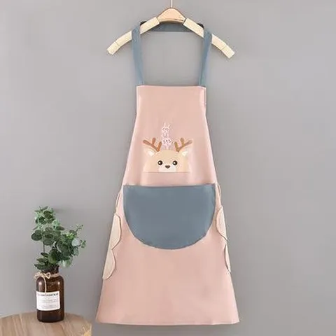 Delantal de Cocina de Forro Polar de Coral Impermeable Lindo Estampado de Conejo de Dibujos Animados Bolsillo Limpiarse las Manos Delantal Halter Para Mujeres