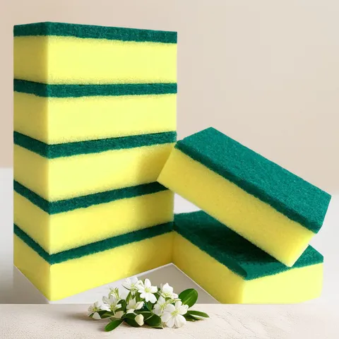 Double Sided Kitchen Cleaning Sponge Scouring Pad Yellow Green Sponge Dishwashing Sponge For Pot And Bowl Cleaning