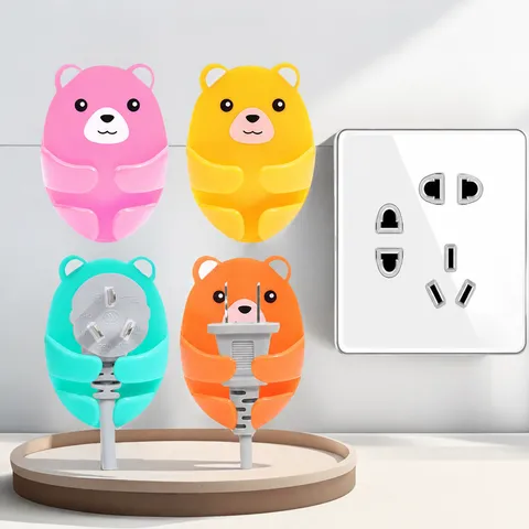 Cute Cartoon Bear Plug Holder Hook Punch Free Adhesive Power Socket Organizer Wall Mount Hooks Home Storage Decor