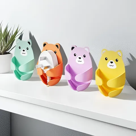 Cute Cartoon Bear Plug Holder Hook Punch Free Adhesive Power Socket Organizer Wall Mount Hooks Home Storage Decor