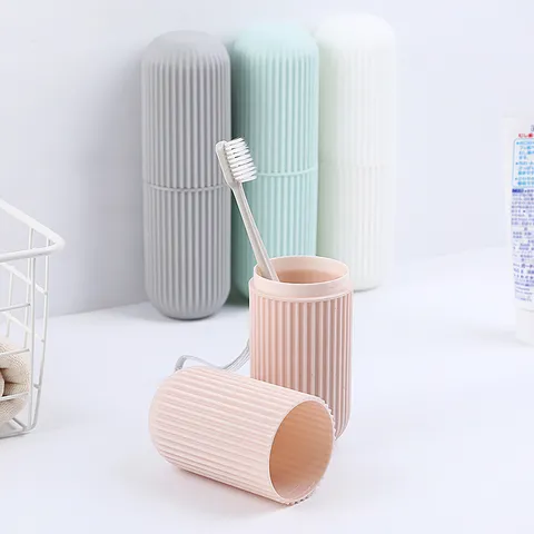 Portable Travel Plastic Toothbrush Cup Striped Mouthwash Cup Bathroom Storage Organizer Toothpaste Holder