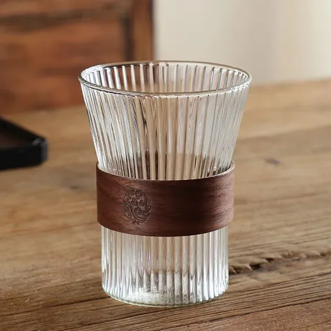 Verticale Streep Borosilicaatglas Waterbeker Warmte-Isolatie Thee Koffie Mok Met Houten Hoes