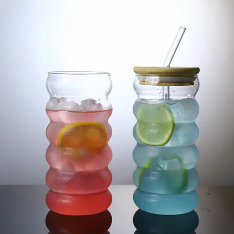 Transparant Borosilicaatglas Beker Golvend Patroon Sap Drinkbeker Met Bamboe Deksel En Rietje Huishoudelijk