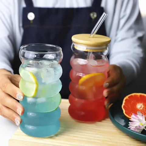 Transparant Borosilicaatglas Beker Golvend Patroon Sap Drinkbeker Met Bamboe Deksel En Rietje Huishoudelijk