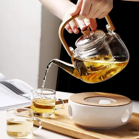 Théière en Verre Borosilicaté Résistant à la Chaleur Avec Poignée en Bambou Grande Capacité Bouilloire